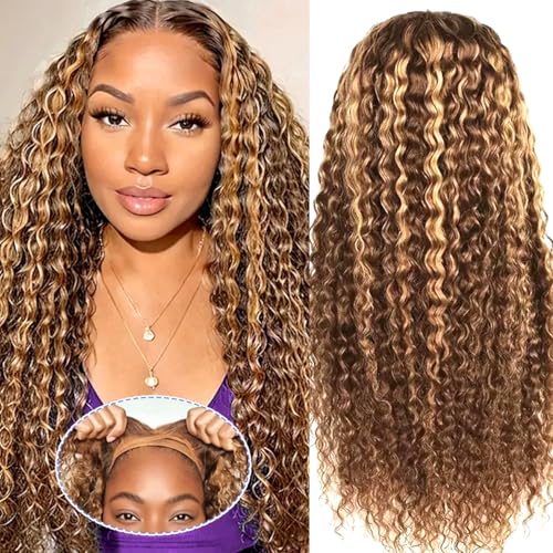 Ombre Highlight Wear and Go Glueless Wigs Human Hair Pre Plucked Pre Cut Deep Wave Lace Front Wigs Human Hair 4x4 Lace Closure Wig for Black Women 180% Density Curly Wig 28 Inch