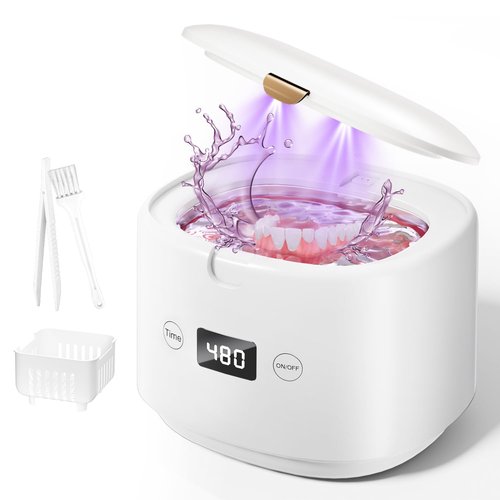 BRNMLD Ultrasonic Retainer Cleaner, 45kHz Sonic Retainer Cleaner Machine Dental Cleaning Pod for Dentures, Mouth Guards, Braces, Toothbrush Heads, Jewelry, 5 Modes for All Dental Appliances (White)