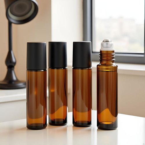 Jizlan 4 Pack 10ml Oil Essential Stainless Roller Bottles, Refillable Amber Glass Roller Bottles for Travel, Perfume and Lip Gloss with Steel Roller Balls and Caps