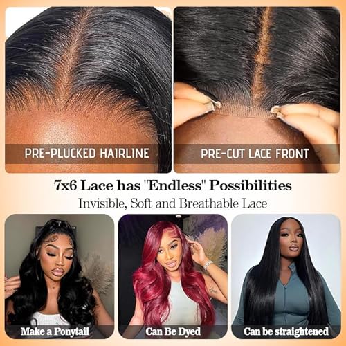 CHEETAHBEAUTY 7x6 Glueless Wigs Human Hair Pre Plucked Pre Cut 18 Inch Body Wave Lace Front Wigs Human Hair for Women 7x6 HD Lace Closure Wigs with Elastic Drawstring 200% Density Natural Color