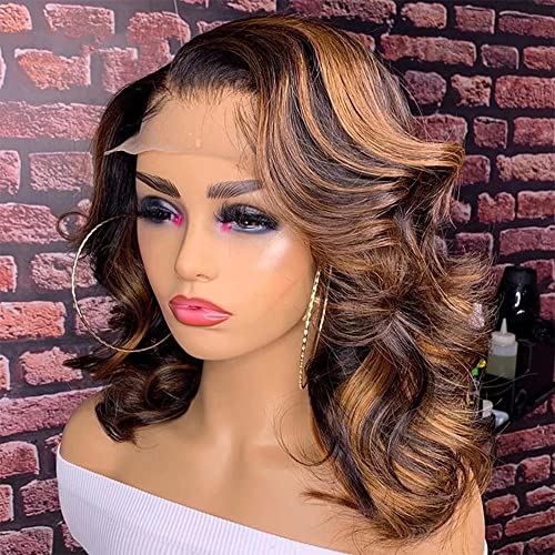 1B 30 Ombre Color Body Wave Short Bob Highlight Wig Short Loose Wavy 13x6 HD Transparent Lace Frontal Human Hair Wig with Baby Hair Bleached Knots Glueless Brazilian Virgin Human Hair Wigs for Women