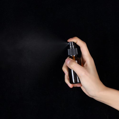 YONKAN 2oz Glass Spray Bottle, Fine Mist Boston Glass Bottles with Black Fine Mist Sprayer Small Clear Bottles for Essential Oils, Bath, Beauty, Hair & Cleaning, Amber, Pack of 24