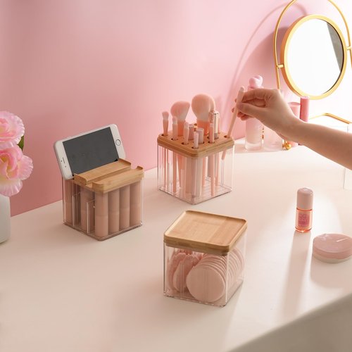 Makeup Brush Holder Comb with Cover Makeup Containers Organizers Set Makeup Holder Box Cosmetic Case With Lid Waterproof Dustproof Beauty Skincare Organizer Bathroom Vanity Countertop,Gift,Clear，3PCS