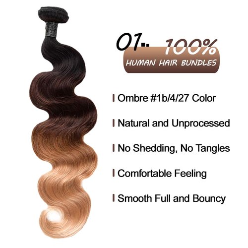 Ombre Human Hair Bundles 3 Tone Color T1b/4/27 Body Wave Bundles 16 Inch 12A Raw Hair One Bundle Ombre Black to Brown to Honey Blonde Wavy Human Hair Colored Quick Weave for Weave Extensions