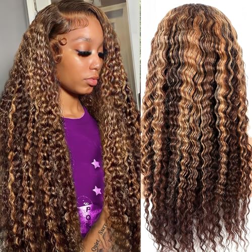 Highlight Ombre Lace Front Wig Human Hair Pre Plucked 13x6 HD Honey Blonde 4/27 Deep Wave Lace Frontal Wigs 200% Density Glueless Colored Wigs for Women Wet and Wavy Lace Front 28 Inch