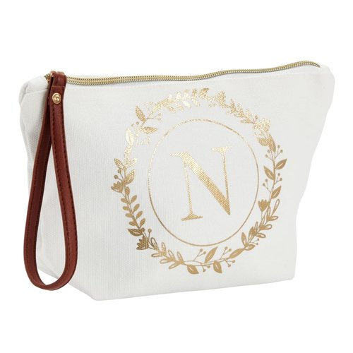 Glamlily Letter N Cosmetic Bag - Monogrammed Canvas Cosmetic Pouch - Compact Travel Makeup Bag & Toiletry Case - Personalized Initial Makeup Pouch - White & Gold Floral, 10 x 3 x 6 in