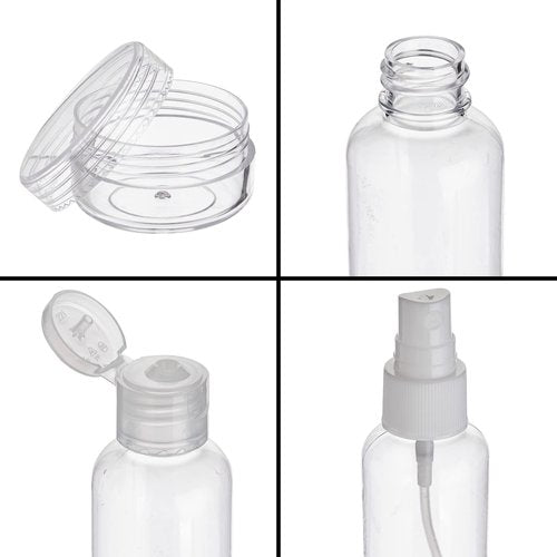 Okuna Outpost Clear Toiletry Bag Set - TSA Approved Bottles - Leak Proof Travel Containers - Versatile Packing Cubes & Travel Organizer - Grey, Yellow, Blue, Red - Pack of 4-7.5 x 2.5 x 5.5 in