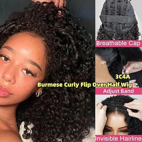 Half Wig Human Hair for Women 24 Inch Burmese Curly Glueless Clip-In Wigs 250% Density 3 IN 1 Half Wigs Flip Over Beginner Friendly Go Drawstring Wig No Glue No Sew Natural Color & Easy Install