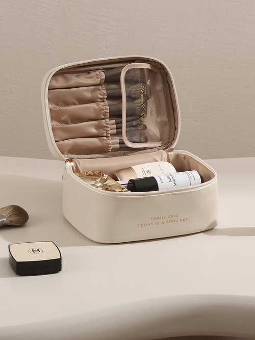 Travel Makeup Bag for Women Portable Cosmetic Bag Case Large Capacity Travel Toiletry Bag Waterproof Leather Make Up Organizer Cosmetic Brush Bag Case with Handle for Women