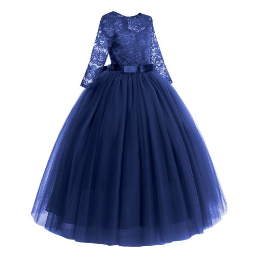 Flower Girls 3/4 Sleeve Maxi Tulle Lace Wedding Bridesmaid Party Dress Floor Length A Line Formal Pageant Long Prom Evening Dance Ball Gowns for Kids Navy Blue-3/4 Sleeve 7-8 Years