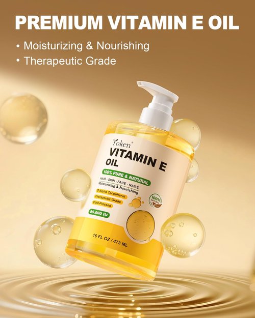 Yoken Vitamin E Oil 16 Fl Oz Organic Vitamina E Oil for Skin 85,000 IU Bulk Vitamine oils for Scars Hair,Face,Nail,Cold Pressed Hexane Free Formula Liquid Perfect Scalp Care Bath and Body oils