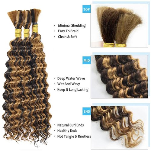 P4/27 Brown Human Braiding Hair Deep Wave Bulk 20 20 20 Inch Unprocessed Brazilian Virgin Hair Highlight Blonde Deep Curly Braiding Hair Extensions 3 Bundle 50 Gram Per Bundle For Black Women