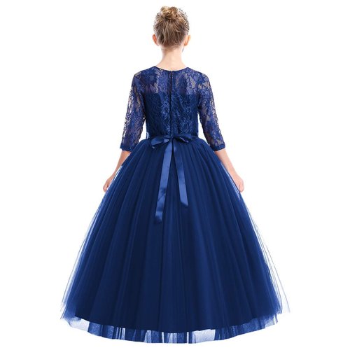 Flower Girls 3/4 Sleeve Maxi Tulle Lace Wedding Bridesmaid Party Dress Floor Length A Line Formal Pageant Long Prom Evening Dance Ball Gowns for Kids Navy Blue-3/4 Sleeve 7-8 Years