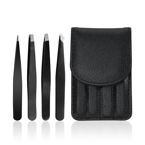 Tweezers Set with Travel Case for Ingrown Hair - Professional Stainless Steel Tweezers for Eyebrows - Best Precision for Facial Hair for Women & Men, Splinter 4-Piece Set Hair Removal (Black)