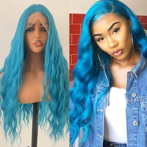 JHXAYW Glueless Blue Wavy 13×4 Lace Front Wig Synthetic Wig Heat Resistant Fiber Hair Pre Plucked Natural Hairline Curly Wig for Cosplay