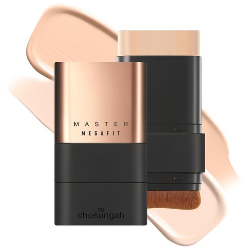CHOSUNGAH BEAUTY Mega Fit Master Glow Stick Foundation with Brush, 120H Long Lasting Radiant Coverage, All-in-One Stick for Easy Application, K-Beauty, Shade 23, 0.56oz (02 Sand Beige)