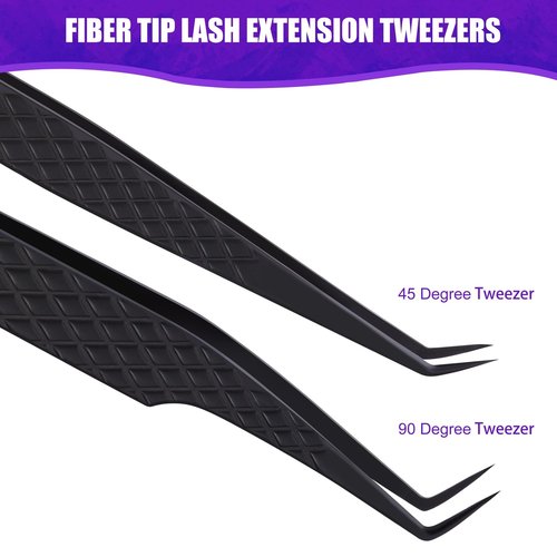 Fiber Tip Lash Tweezers for Eyelash Extension, High Precision Eyelash Tweezer Set with Diamond Grip, Lash Extension Tweezer Kit for Classic & Volume Lashes, Must-Have Tweezers for Lash Artists