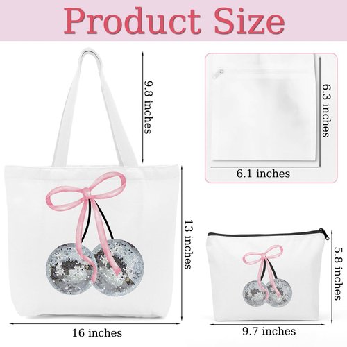 Cute Pink Coquette Bow Cherry Canvas Tote Bag Beach Tote Bag for Women with inner Pocket, Preppy Stuff Gifts for Women Teen Girls Sister Friendship Reusable Shopping Grocery Bags Travel Makeup Bagss
