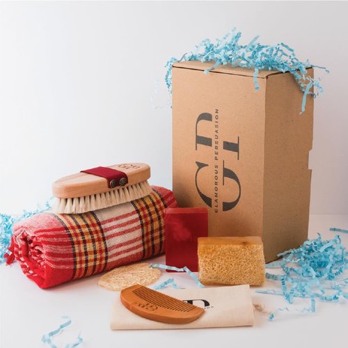 GP All Natural Lymphatic Drainage Set, Dry Brushing Body Brush, Natural Loofah Facial Disc, Turkish Peshtemal Towel, Cinnamon Pumpkin Loofah Soap and Naturally Scented Anti Bacterial Red Soap Bar.