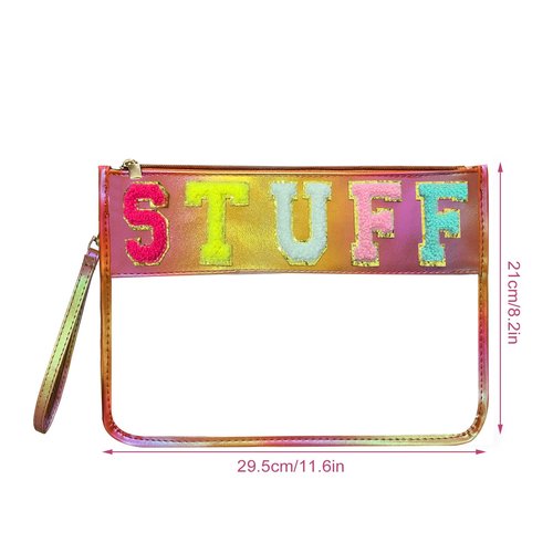 Cawvox Clear Stuff Bag for Travel,Chenille Letter Sewn On Zipper Pouch, PVC&PU Leather Cosmetic Bags,Sunscreen Bag, Toiletry Bag, Water-proof Makeup Bag For Women and Friend, Gym,Beach (Colorful)