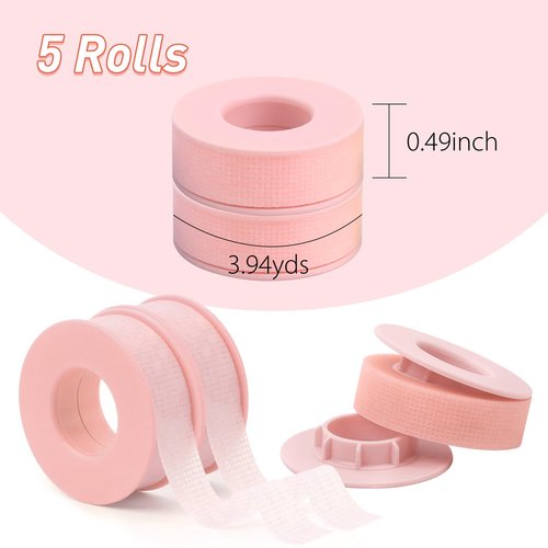 Lash Tape for Eyelash Extensions - Silicone Gel Eyelash Tape Eyelash Extension Tape for Sensitive Skin Pain Free Removal Breathable Micro Eyelash Extension Supplies（0.49in x 3.94yd，5Rolls Pink）