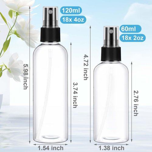 GlikCeil 36 Pcs Black Plastic Spray Bottle 4oz (120ml) & 2oz (60ml) Small Clear Empty Fine Mist Mini Travel Spritz Bottle Set, Little Refillable Spray Liquid Containers for Water Perfume Hair Mist