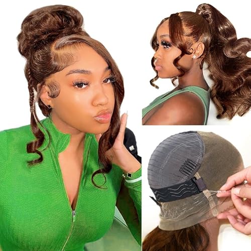 Beluck 20 Inch Chocolate Brown Human Hair Wig 360 Lace Front Wigs Human Hair Pre Plucked With Drawstring Wig 200 Density Body Wave Frontal 360 Full Lace HD Lace Front Wigs Glueless