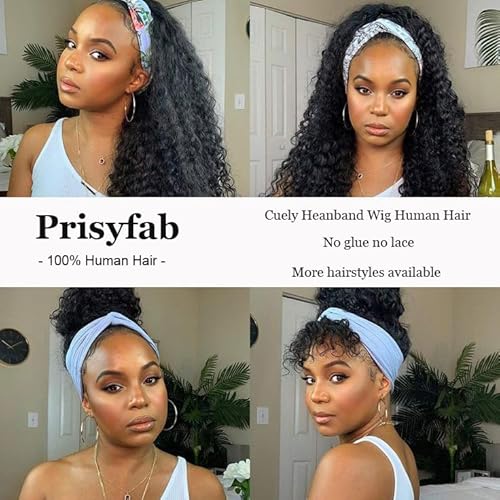 Curly Headband Wig Human Hair 26Inch Human Hair Headband Wig Glueless Wear and Go Human Hair Scarf None Lace Front Wigs 150% Density Natural Color