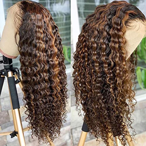 BLY Highlight Human Hair Lace Front Wigs Deep Wave #4/27 Ombre Colored Glueless Wigs Pre Plucked 24 Inch 4x4 Transparent Curly Water Wave Lace Wig Honey Blonde Real Human Hair 180% Density