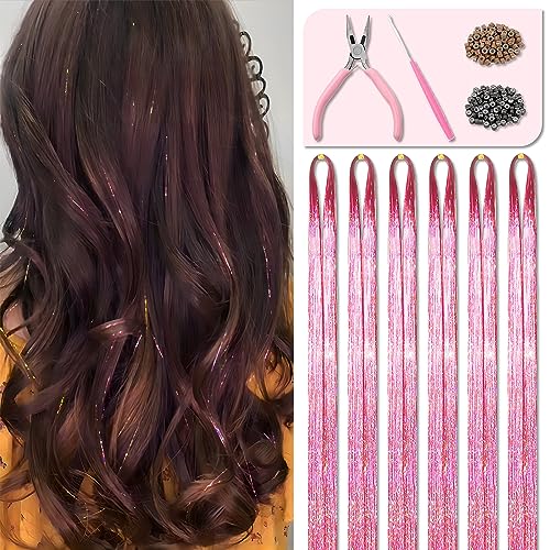 Pink Fairy Hair Tinsel Kit 48 Inches 1200 Strands with Tools and Instruction Easy to Install Glitter Tinsel Hair Extensions for Women and Girls£¬Shinny Sparkling Braiding Hair Accessories for Halloween Cosplay Party