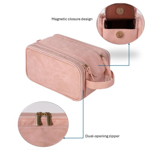 LANTIM Makeup Travel Bag Cosmetic Bag, Toiletry Bag for Women Large Capacity PU Leather Make Up Organizer Dorm Room Essentials (Pink)