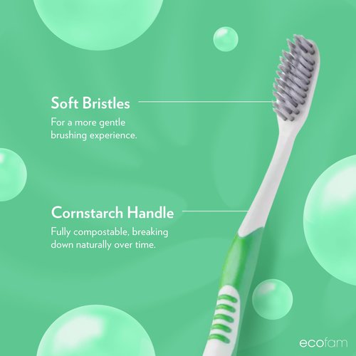 EcoFam Compostable Toothbushes, Dual Action Flossing Bristles, Silver Infused Soft Bristle Toothbrush, Natural Toothbrushes for Adults, Multi Color, 8-Pack