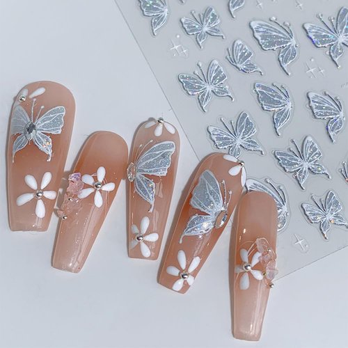 Aurora Shell Butterfly Nail Stickers White Butterflies Nail Art Stickers Jelly Relief Butterfly Stickers Nail Decals Y2K Butterfly Sticker Nails Nail Design Nail Accessories for Nail Art Supplies