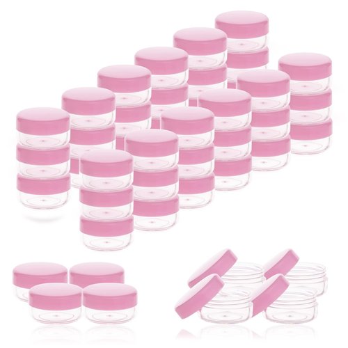 ZEJIA 5 Gram Sample Containers with Lids, Mini Makeup Containers, Empty Plastic Travel Cosmetic Containers with Labels(200 Count, Pink Lid)