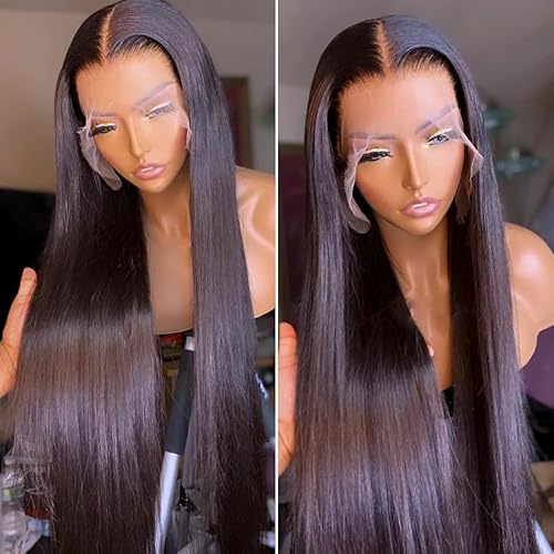 Natural Color Straight Human Hair Wig Pre Plucked Lace Front Wig Bleached Knots (24inches)