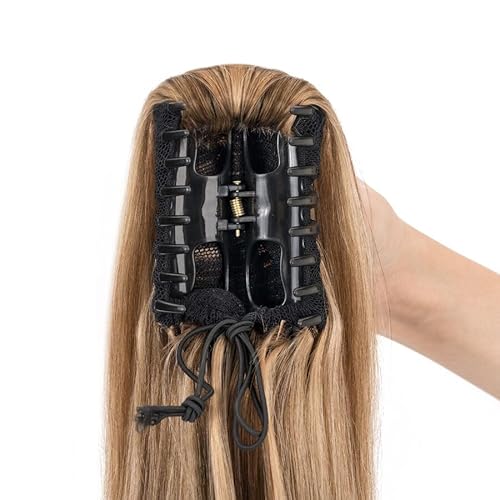 TESS Human Hair Claw Clip Ponytail Extension Real Remy Hair long ponytail extension for Women Straight, 22 Inch, Chocolate Brown Mixed Light Brown