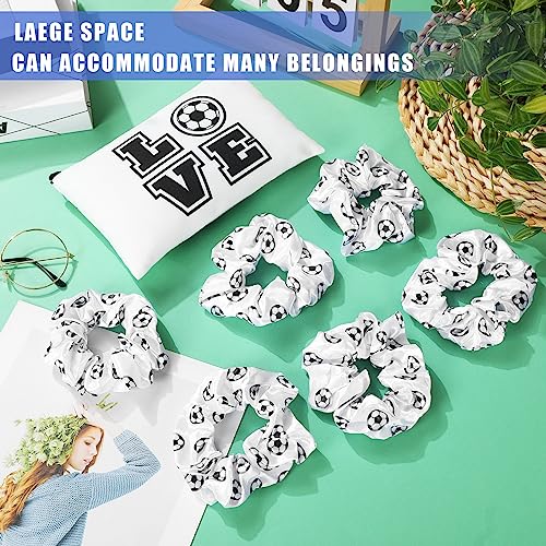 Sweetude 24 Pcs Soccer Gifts 12 Makeup Bag 12 Satin Scrunchies for Girls Portable Cosmetic Travel Bag Elastic Hair Ties Soccer Favors for Women Girls Team Players(White)