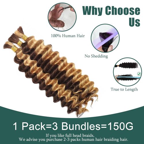 Ombre Human Braiding Hair for Boho Braids 18 inch P427 Deep Curly Boho Hair for Braiding Knotless 10A Deep Wave Bulk Bohemian 3 Bundles