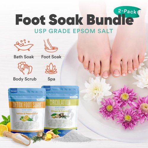 2 Pack Foot Soak Salts Bundle for DIY Foot Spa with Bamboo Scoop (2 lbs Each 4 lbs Total) for Discomfort and Dry Skin Made in USA with BPA Free Easy Lock Pouch