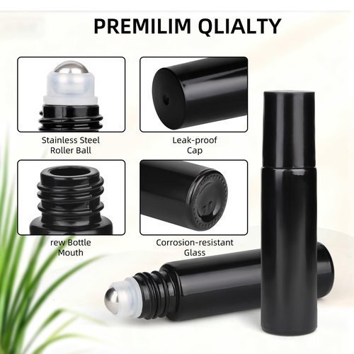 HLYHTGZ 10ml Glass Essential Oil Roller Bottle, 24PCS Black Essential Oil Roller Bottles with Stainless Steel Rollers - Refillable, Leak-Proof Design, Suitable for Travel and DIY Skincare Products.