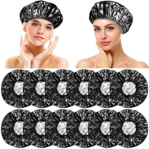12 Pieces Deep Conditioning Caps Aluminum Foil Reusable Hair Processing Hair Coloring Shower Caps for Home Salon Use(12 Inch,Black)