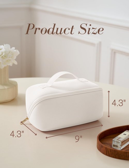 Yarnic White Neoprene Travel Makeup Bag Cosmetic Bag, Large Capacity Toiletry Bag for Women, Portable Pouch Cute Make Up Organizer with Divider and Handle