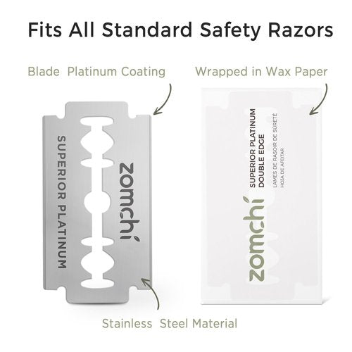 Zomchi 100 Counts Double Edge Razor Blades 2.0 with Premium Metal Razor with Stand