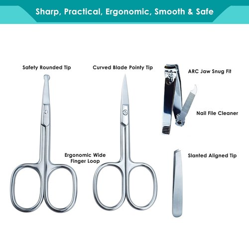5Pcs Beauty Grooming Eyebrow Scissor Men Women Facial Nose Hair Scissor Curved Round Blunt Mustache Beard Manicure Pedicure Trimmer Set Stainless Steel Slant Tweezers Nail Clipper Pet Dog Scissor Kit