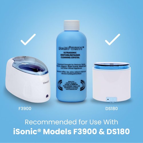 iSonic White CSDW01 Denture/Retainer Cleaning Crystal to Remove Stains, Buildups for all dental/sleep apnea/clear appliances, 8OZ bottle