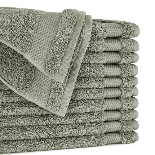 BIOWEAVES 100% Organic Cotton 700 GSM Plush Premium Washcloths 13" x 13" GOTS Certified, Face Towels Perfect for Home & Bathroom - Sage, Pack of 12