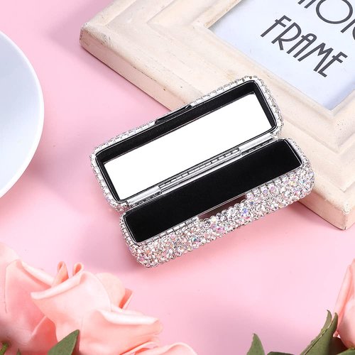 Homfanseec Rhinestone Lipstick Case with Mirror, Bling Crystal Lipstick Case Diamonds Makeup Cosmetic Storage Box Holder for Purse Ladies Fashion (Silver Color)