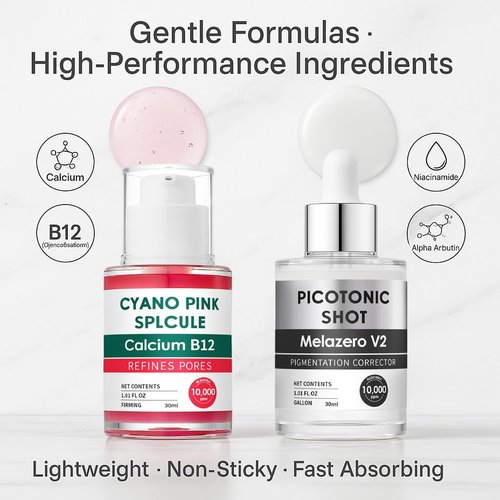 Cyano Pink Spicule Serum & Picotonic Ampoule Duo – Korean Face Serum with Alpha Arbutin, Niacinamide & Calcium for Pore Refinement, Glass Skin & Hydration (Pink + White Essence)