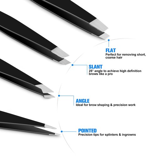 SUCOOR Tweezers for Women Facial Hair, 4Pcs Professional Beauty Tools Stainless Steel Precision Eyebrow Tweezers for Splinter Blackhead and Ingrown Hair Removal, Black