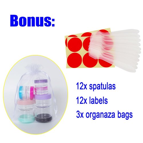 Wopanxye 12pack 20 Gram 20ml Jars, Small Cosmetic Sample Empty Container, Plastic Round Pot Pink Screw Cap Lid, Tiny 20g Bottle for Makeup, Eye Shadow, Nails, Powder, Jewelry, Free 12pcs Spatulas
